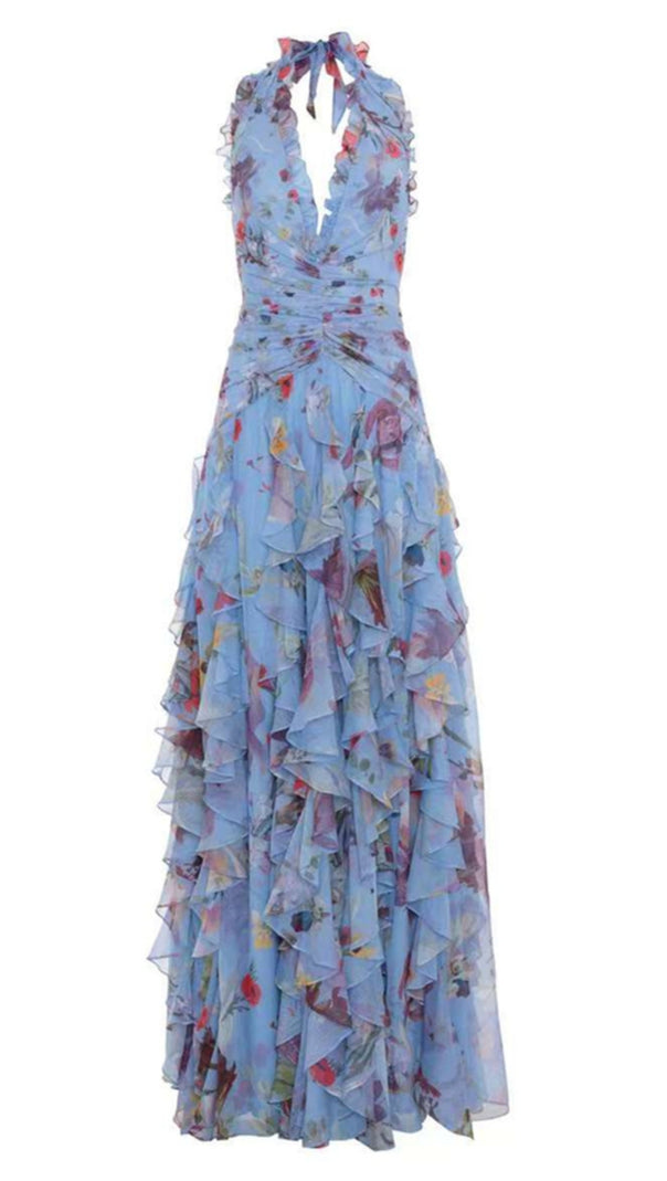 AIIZIE FLORAL HALTER RUFFLE TULLE MAXI DRESS IN BLUE - product image