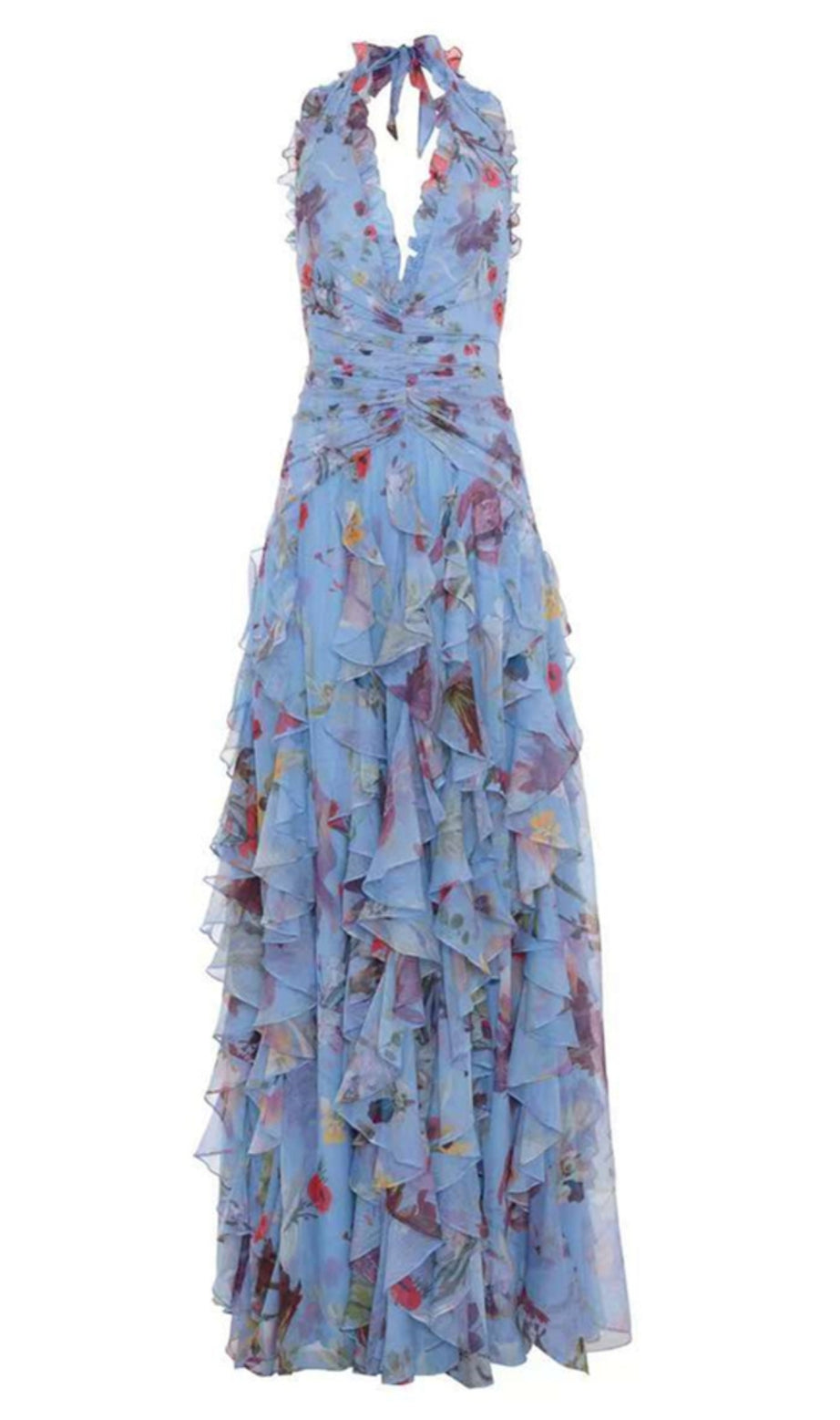 Abito lungo in tulle con volant e scollo all'americana floreale blu