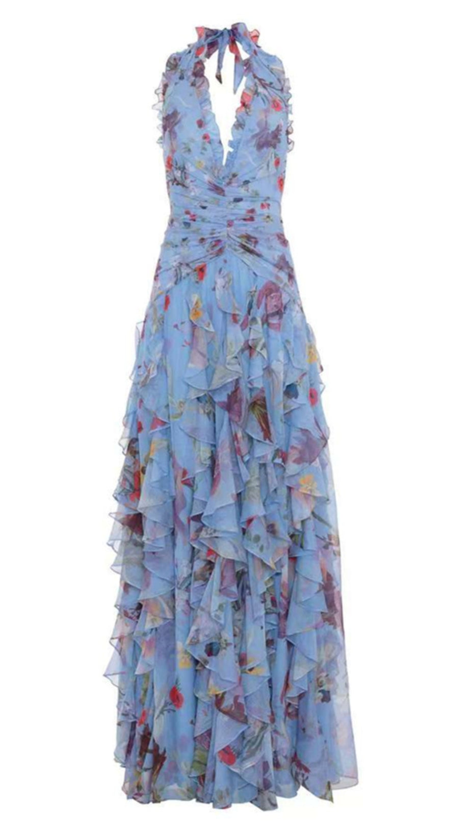 FLORAL HALTER RUFFLE TULLE MAXI DRESS IN BLUE