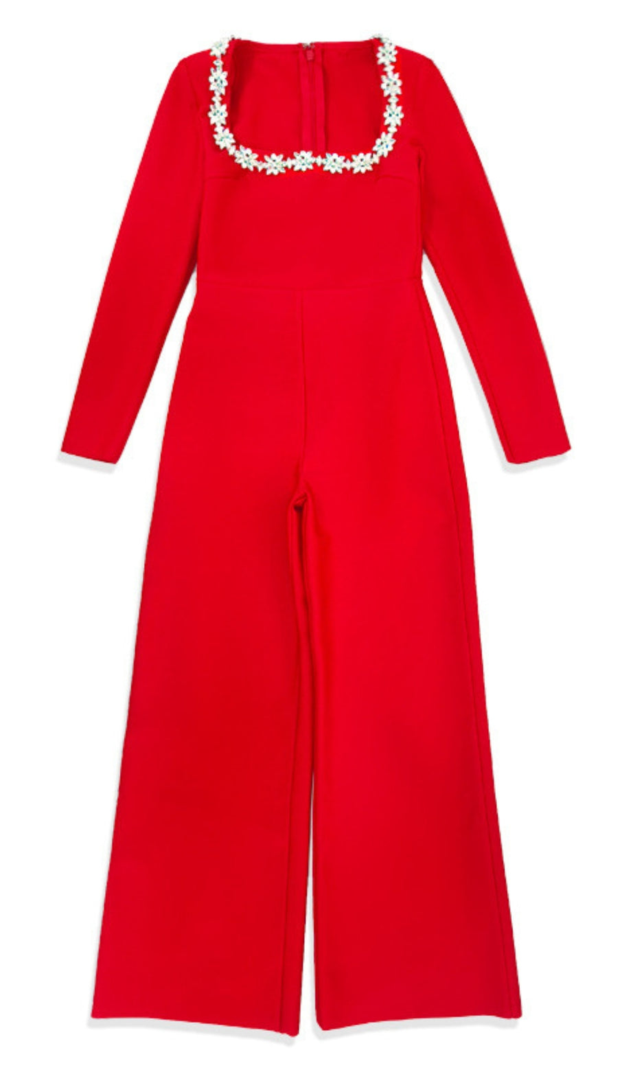 RED LONG - SLEEVED JUMPSUIT WITH WIDE - LEG PANTS