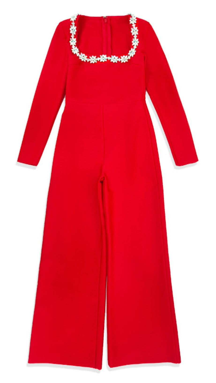 RED LONG - SLEEVED JUMPSUIT WITH WIDE - LEG PANTS