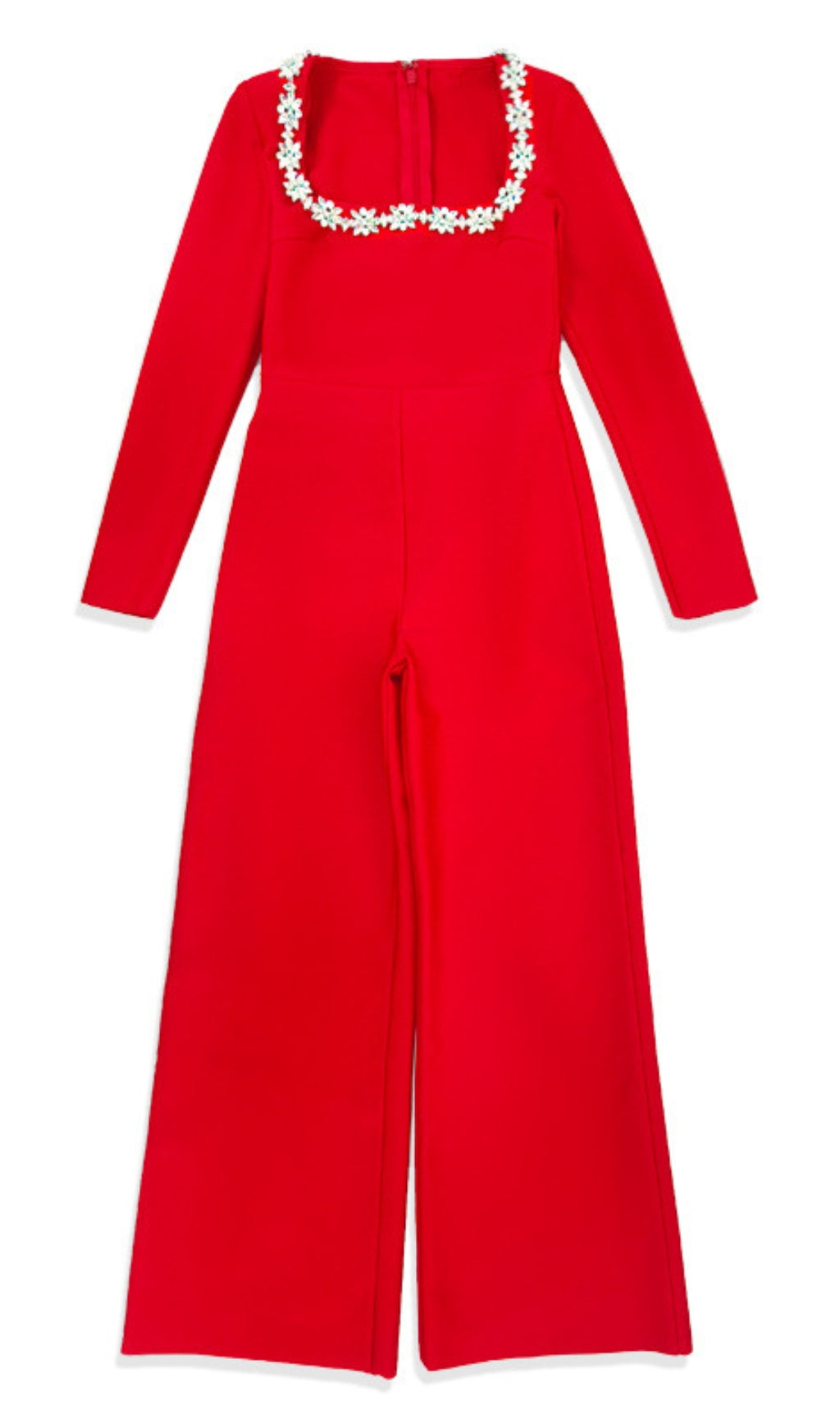 RED LONG - SLEEVED JUMPSUIT WITH WIDE - LEG PANTS