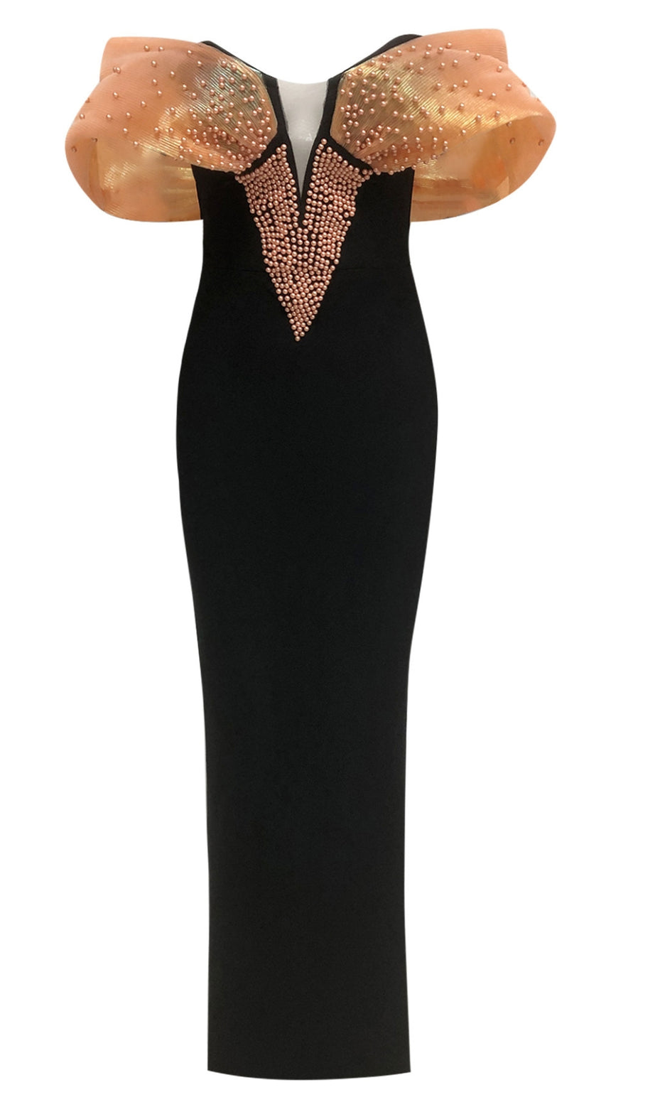 ORANGE OFF SHOULDER BEADED BANDAGE MAXI DRESS