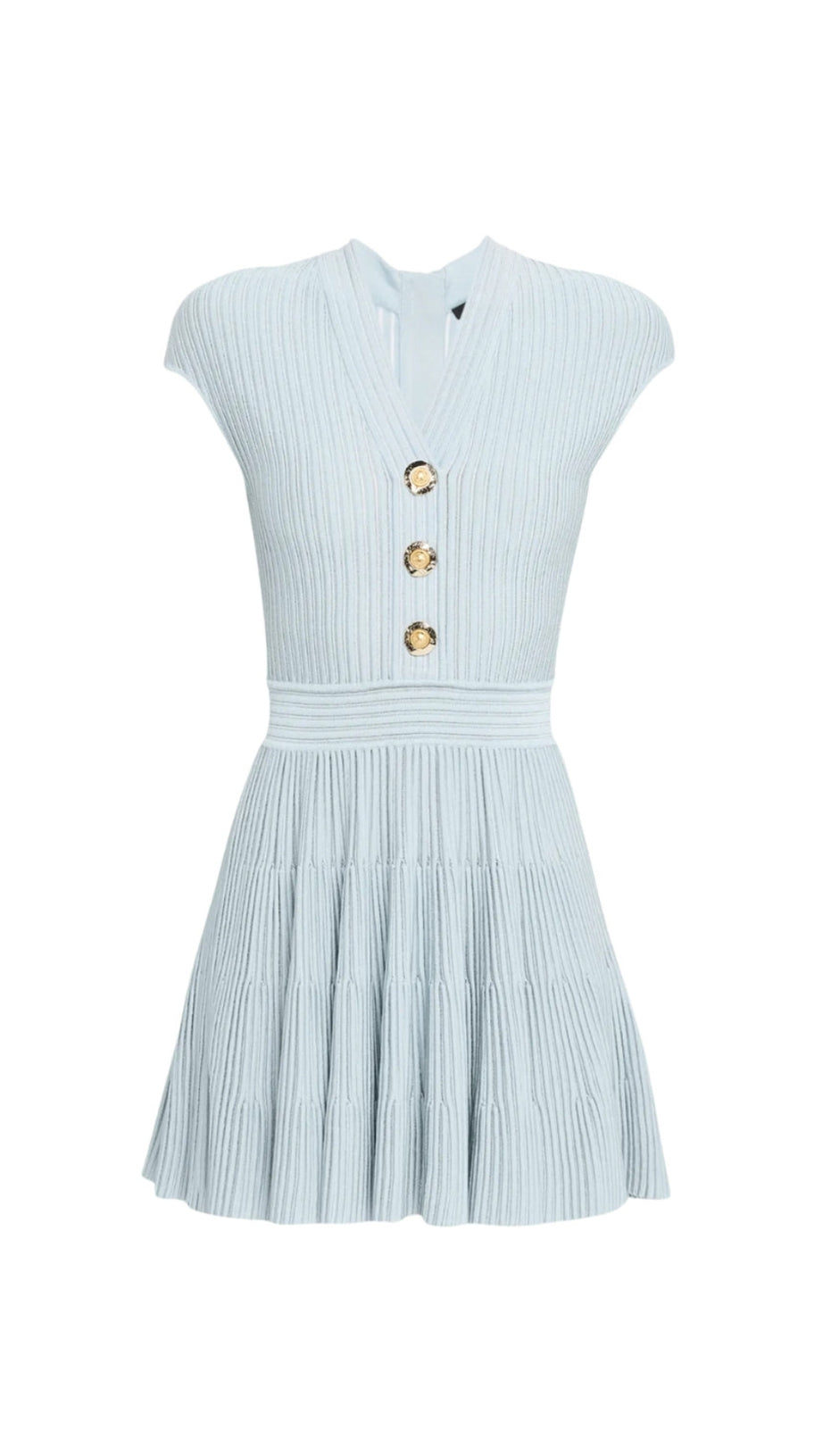 SHORT-SLEEVE FLECHAGE KNIT FLARE MINI DRESS IN BLUE