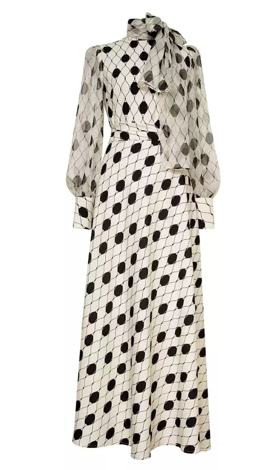 Polka Dot Satin Gown with Sheer Sleeves & Bow Neckline
