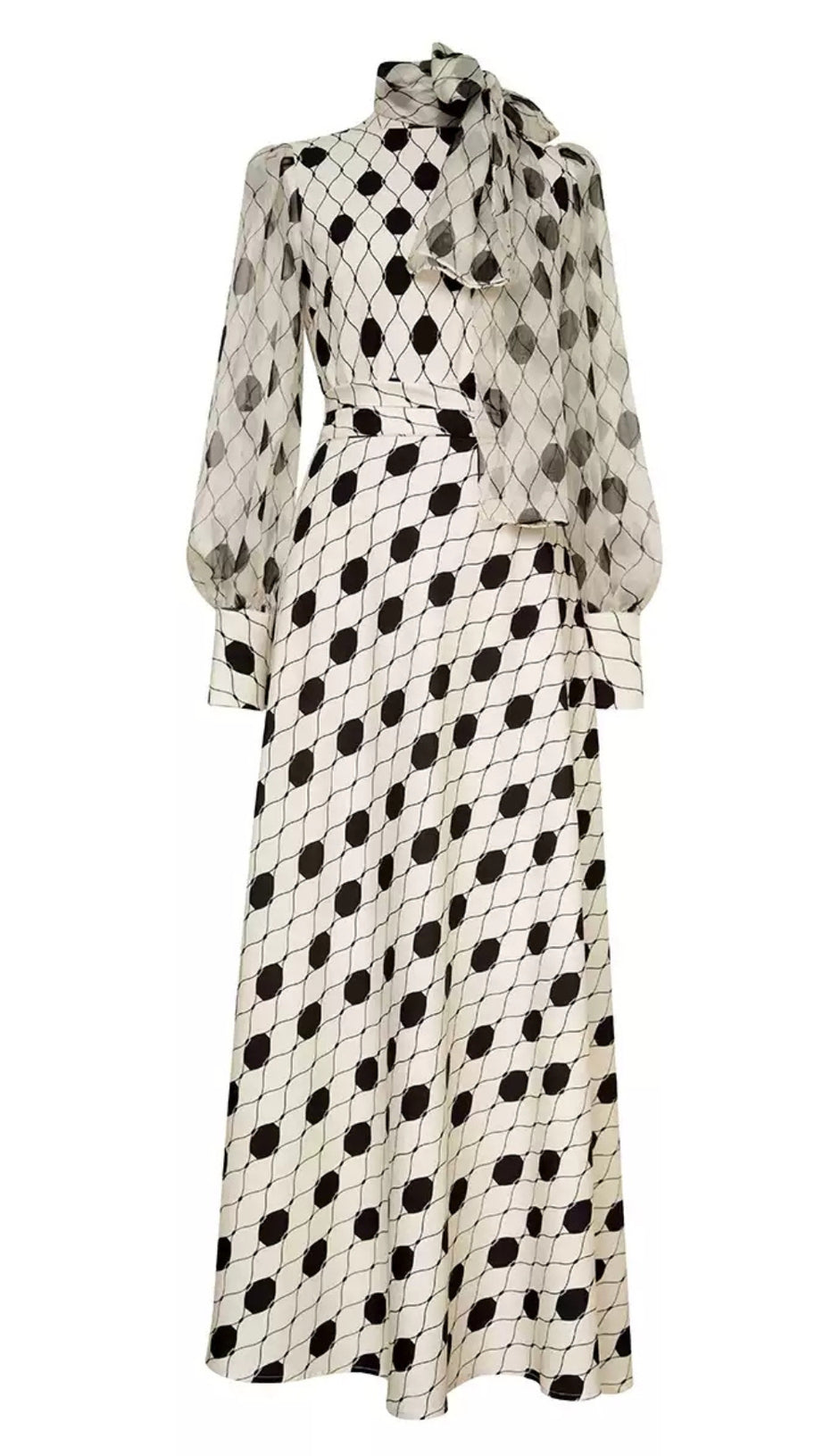 POLKA DOT SATIN GOWN WITH SHEER SLEEVES & BOW NECKLINE