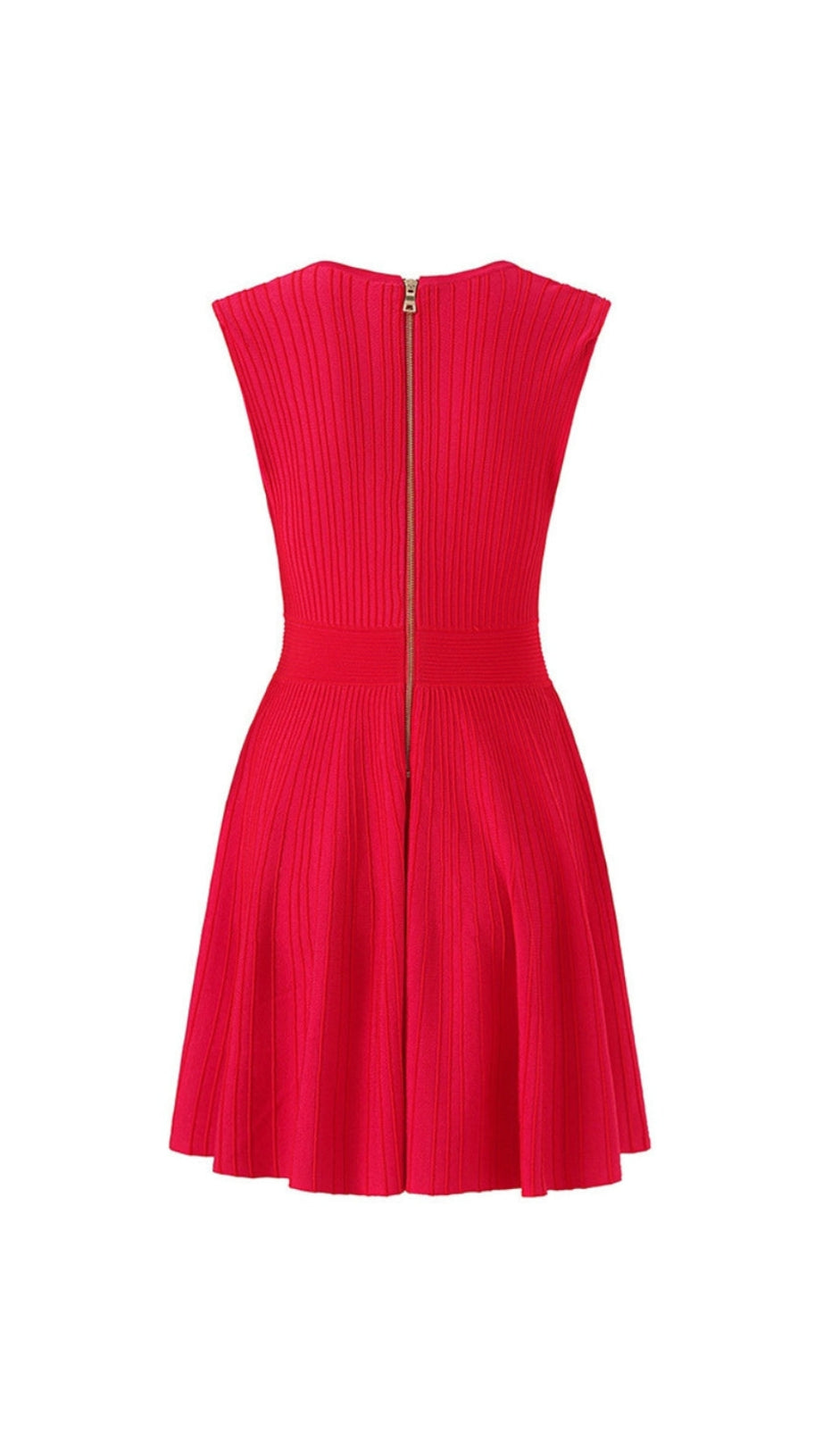 V-NECK SLEEVELESS FLARED KNIT MINI DRESS IN RED