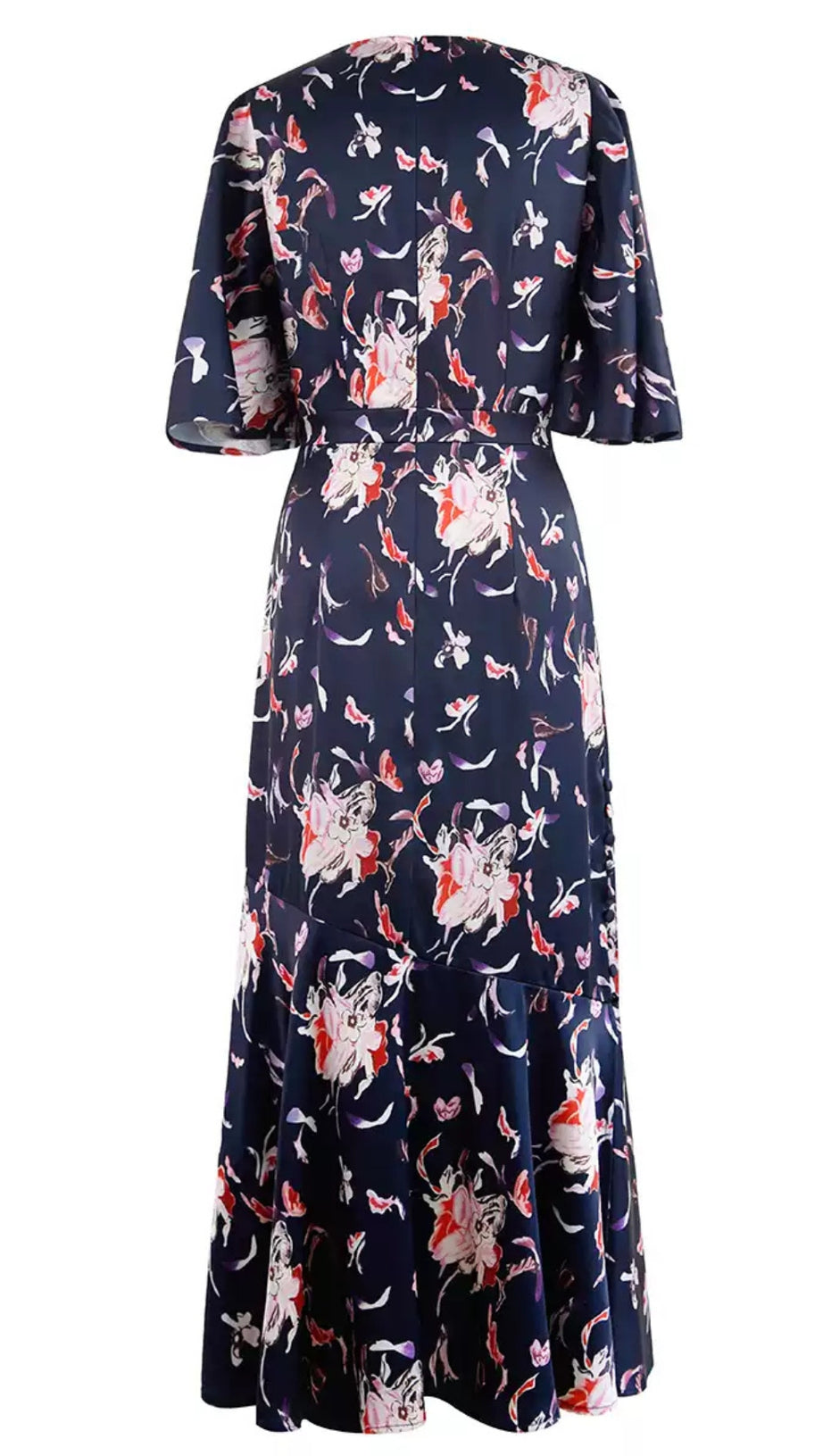NAVY FLORAL PRINT MIDI DRESS WITH FLARED HEM
