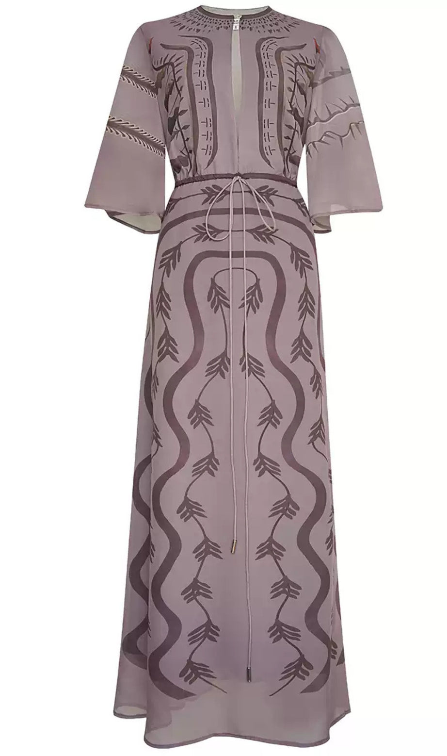 Elegantes bedrucktes Maxikleid mit transparenten Ärmeln und Bindegürtel 