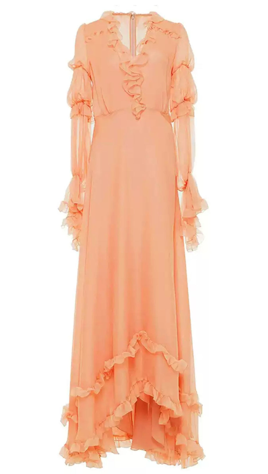 PEACH RUFFLED MAXI DRESS WITH V - NECK AND SHEER SLEEVES