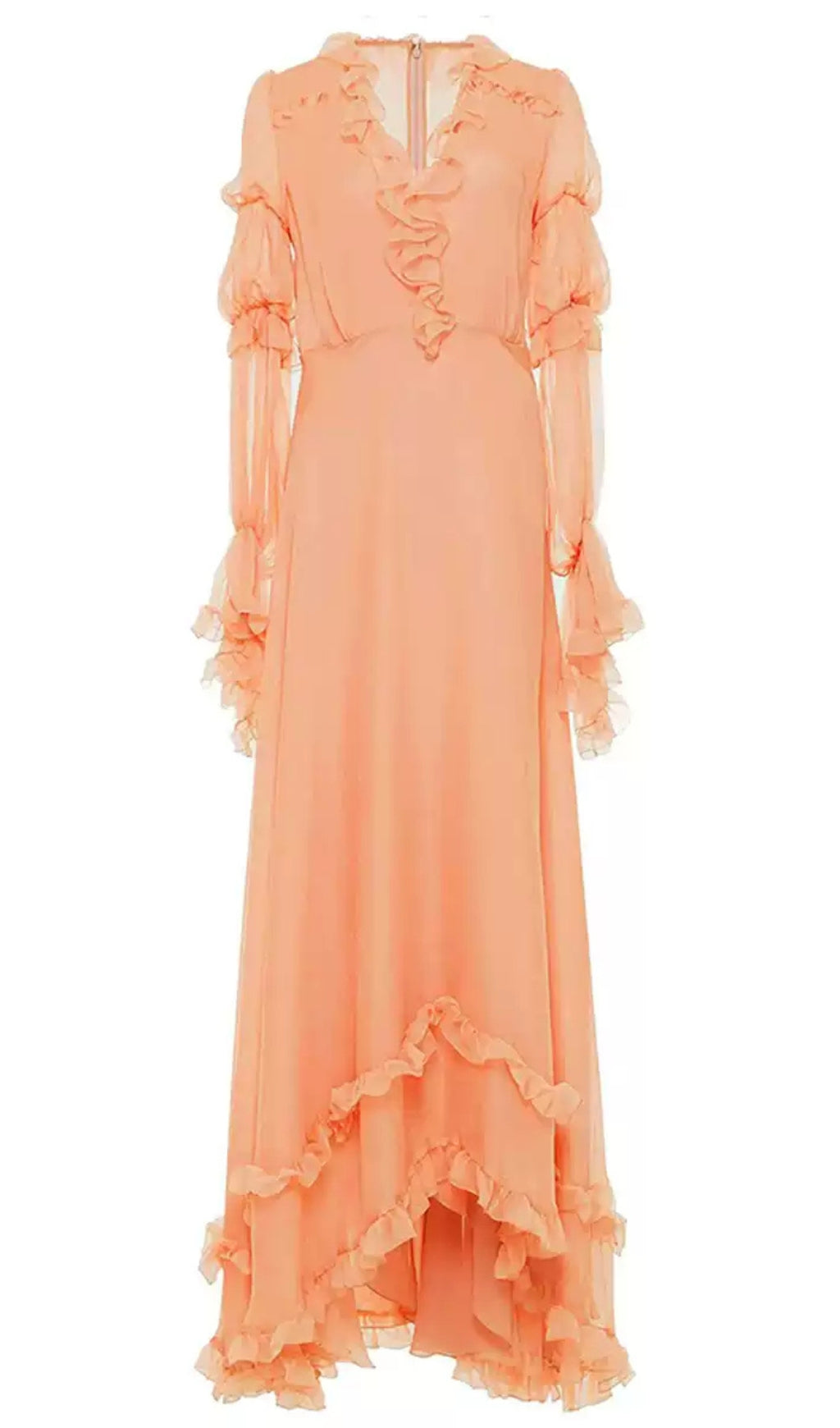 PEACH RUFFLED MAXI DRESS WITH V - NECK AND SHEER SLEEVES