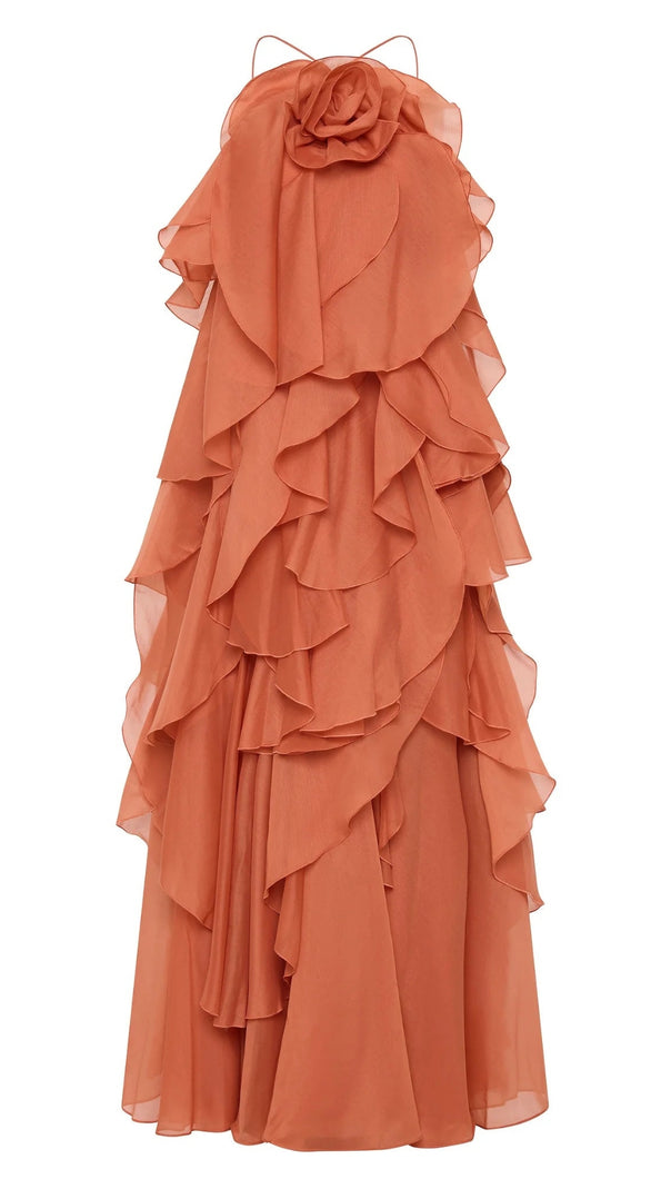 AIIZIE OFF-SHOULDER RUFFLE LAYERED MAXI DRESS IN CORAL CLAY - product image