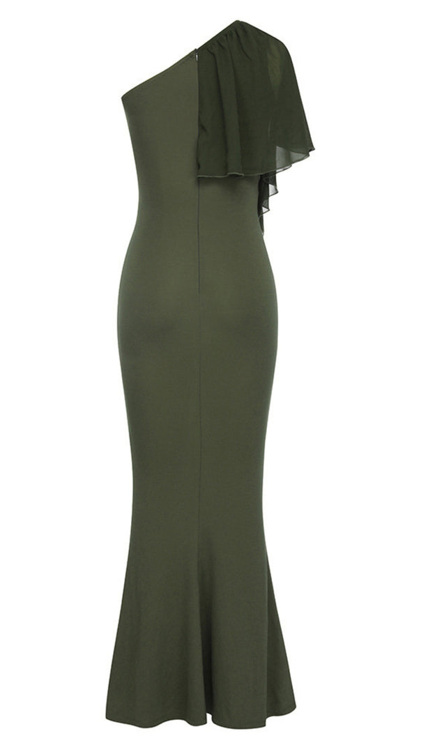 AIIZIE ONE - SHOULDER RUFFLED MERMAID MAXI DRESS IN DARK GREEN - product image