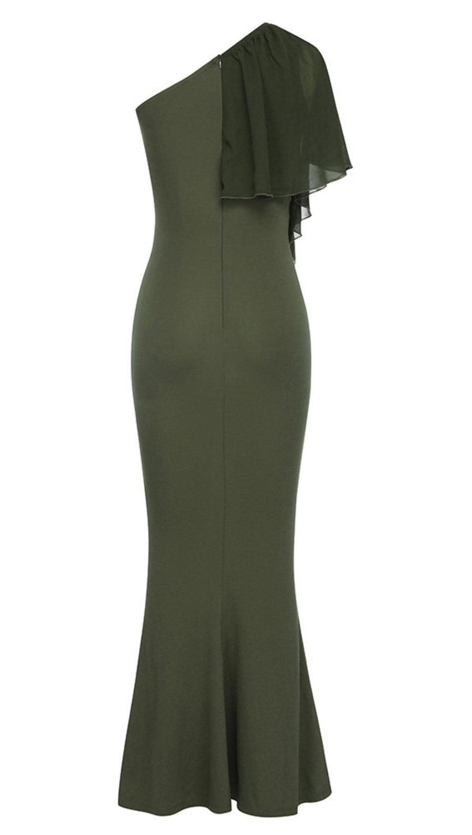 ONE - SHOULDER RUFFLED MERMAID MAXI DRESS IN DARK GREEN