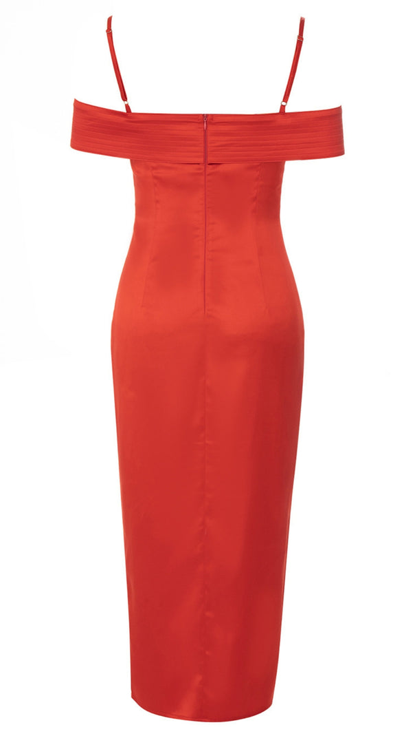 AIIZIE SPAGHETTI - STRAP OFF - SHOULDER SLIT MIDI DRESS IN RED - product image