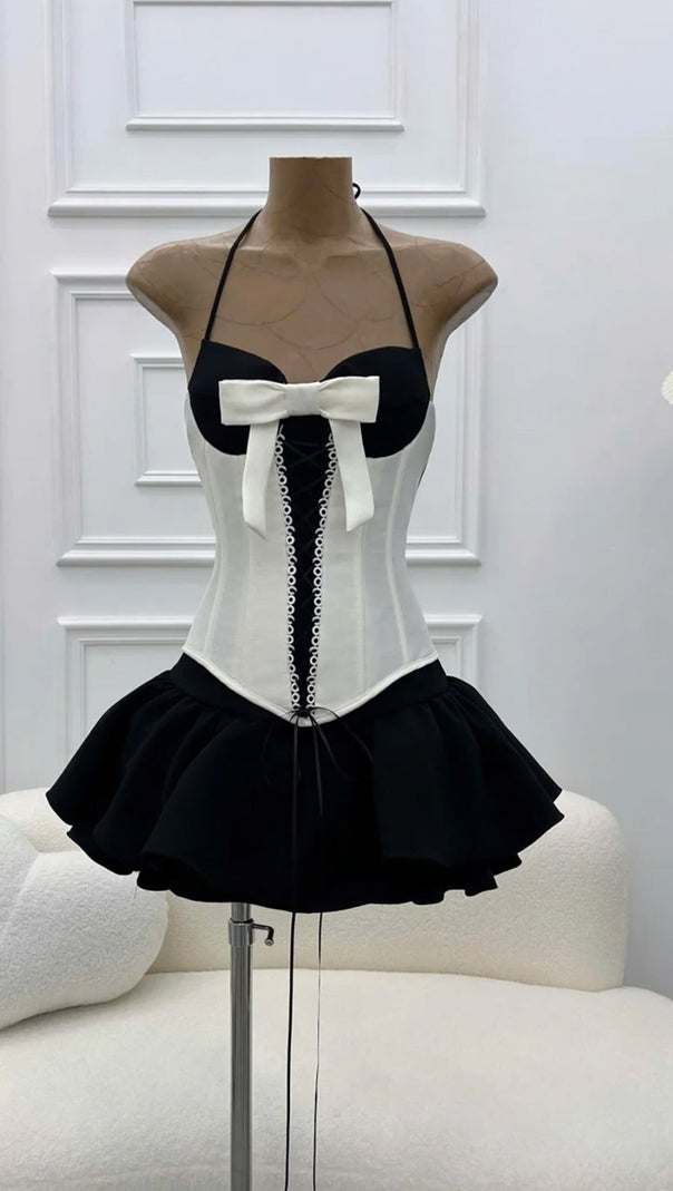 AIIZIE DOMINIC HALTER BLACK WHITE PATCHWORK MINI DRESS - product image