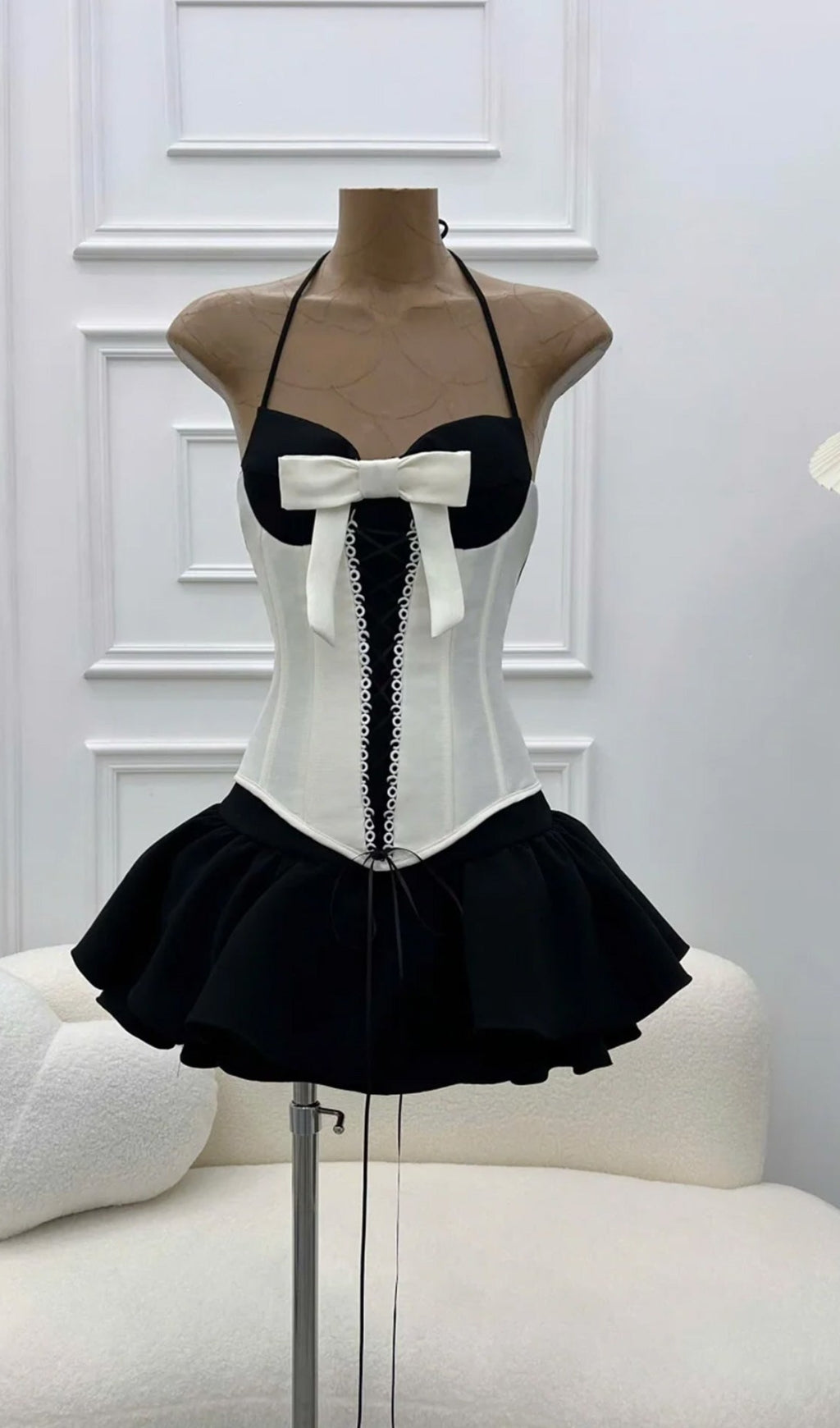 AIIZIE DOMINIC HALTER BLACK WHITE PATCHWORK MINI DRESS - product image