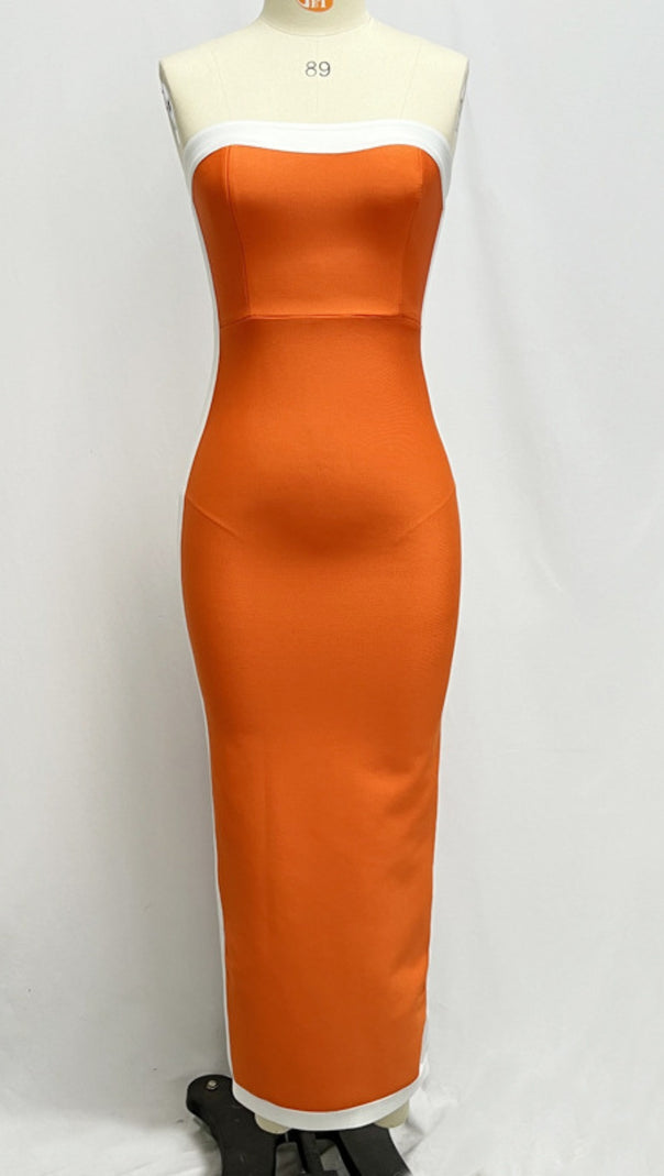 AIIZIE STRAPLESS COLOR - BLOCK BANDAGE MIDI DRESS IN ORANGE - product image