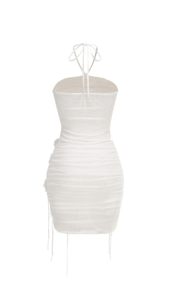 AIIZIE HELEN HALTER RUCHED MESH FLORAL MINI DRESS IN WHITE - product image