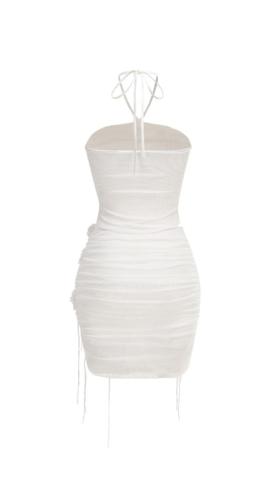 HELEN HALTER RUCHED MESH FLORAL MINI DRESS IN WHITE