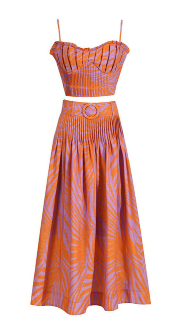 AIIZIE PLEATED FLORAL-PRINT LINEN BUSTIER TOP SKIRT SET IN BLUE - product image