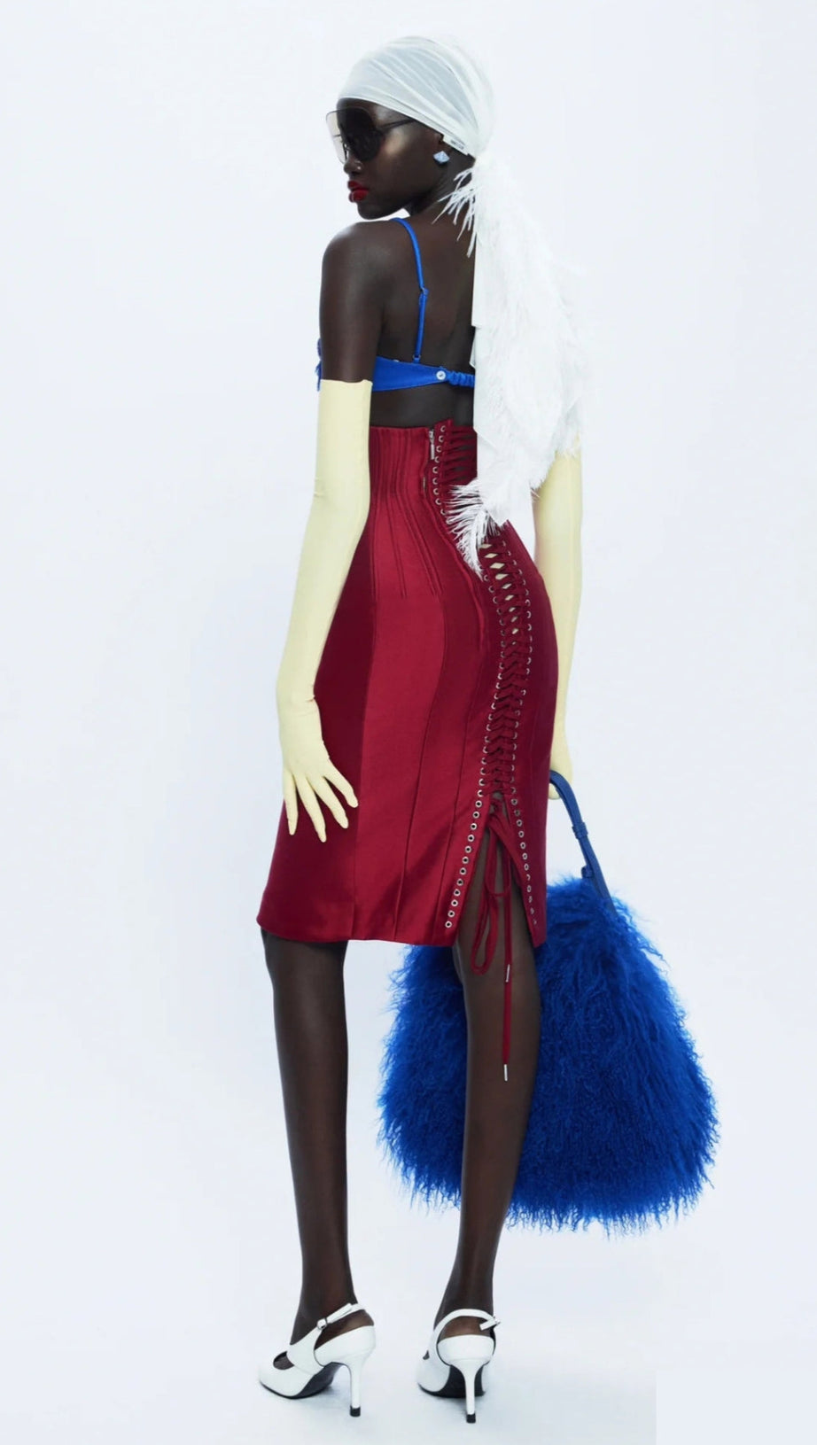 BLUE LACE BRALETTE AND RED SATIN PENCIL SKIRT SET