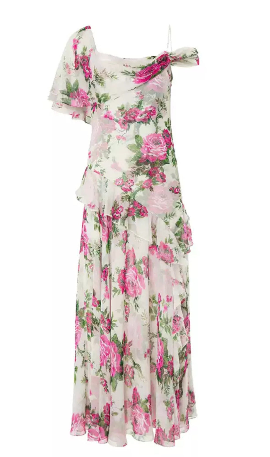 Asymmetric Ruffle Floral Chiffon HocoMaxi Dress