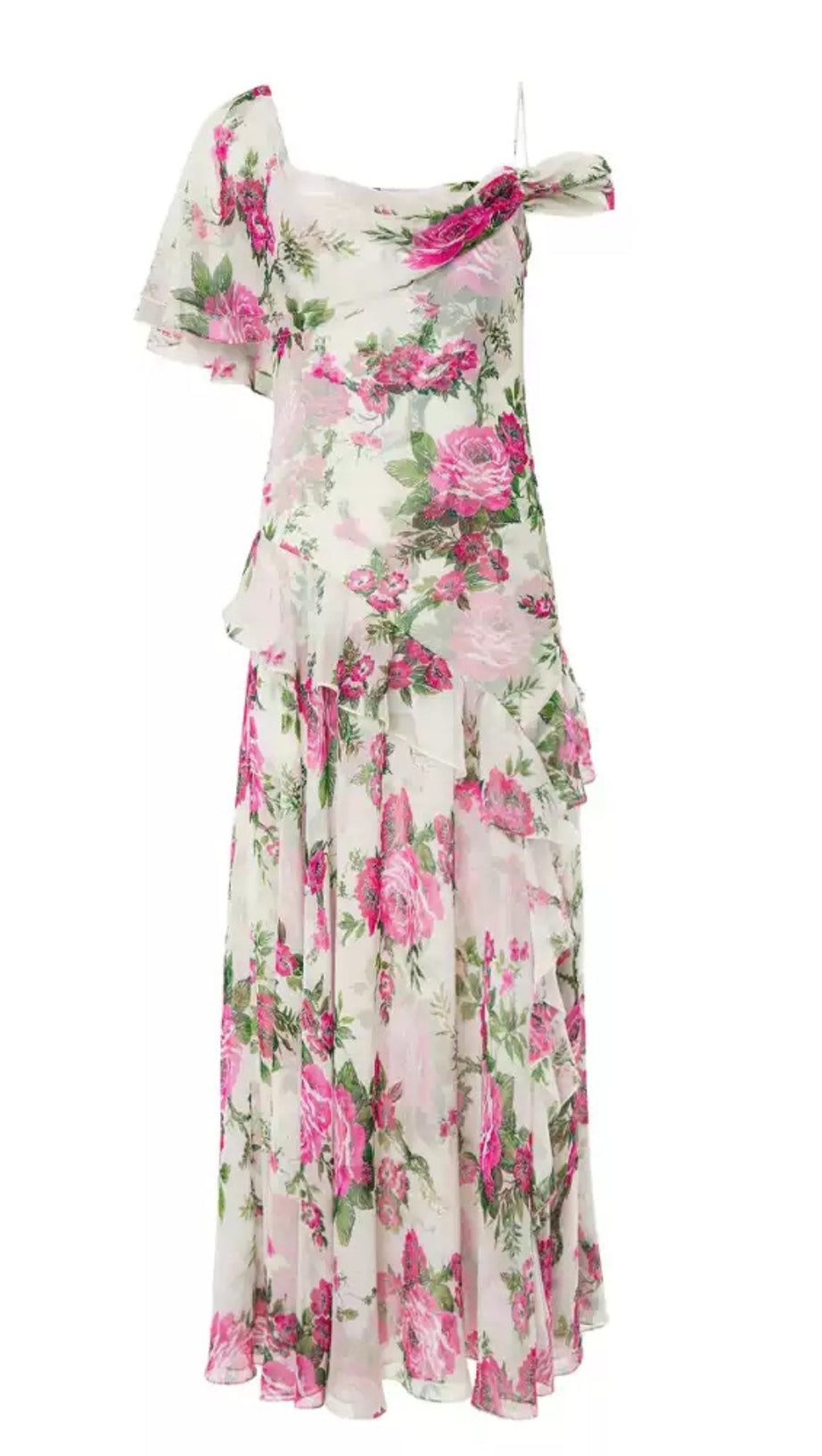 ASYMMETRIC RUFFLE FLORAL CHIFFON HOCOMAXI DRESS