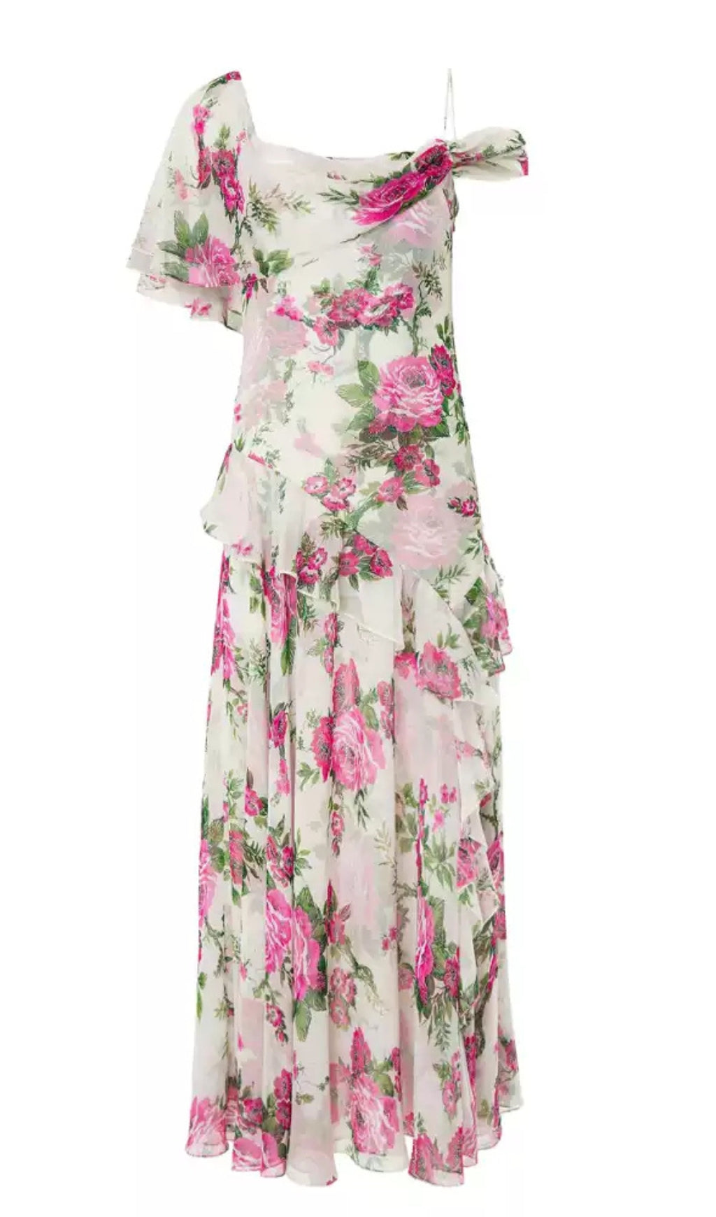 ASYMMETRIC RUFFLE FLORAL CHIFFON HOCOMAXI DRESS