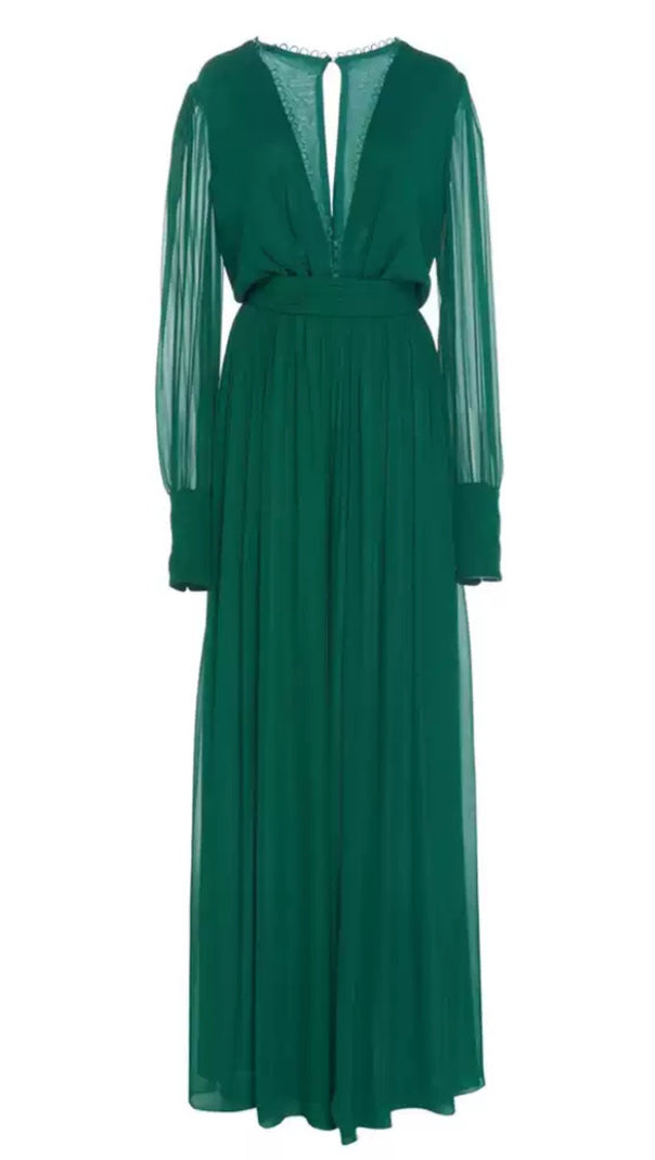 AIIZIE EMERALD GREEN CHIFFON MAXI DRESS WITH SHEER SLEEVES AND KEYHOLE BACK - product image