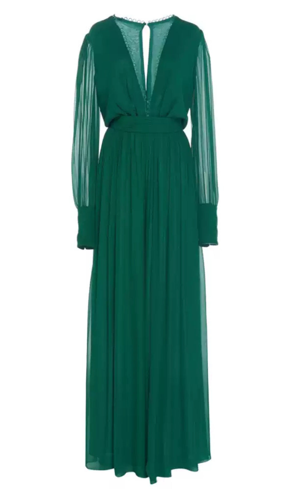 Emerald Green Chiffon Maxi Dress with Sheer Sleeves and Keyhole Back