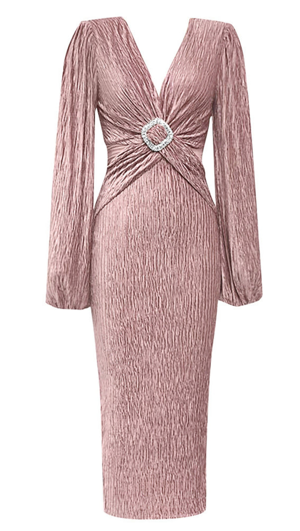 AIIZIE TEXTURED V - NECK RHINESTONE - BELTED MIDI DRESS IN PINK - product image