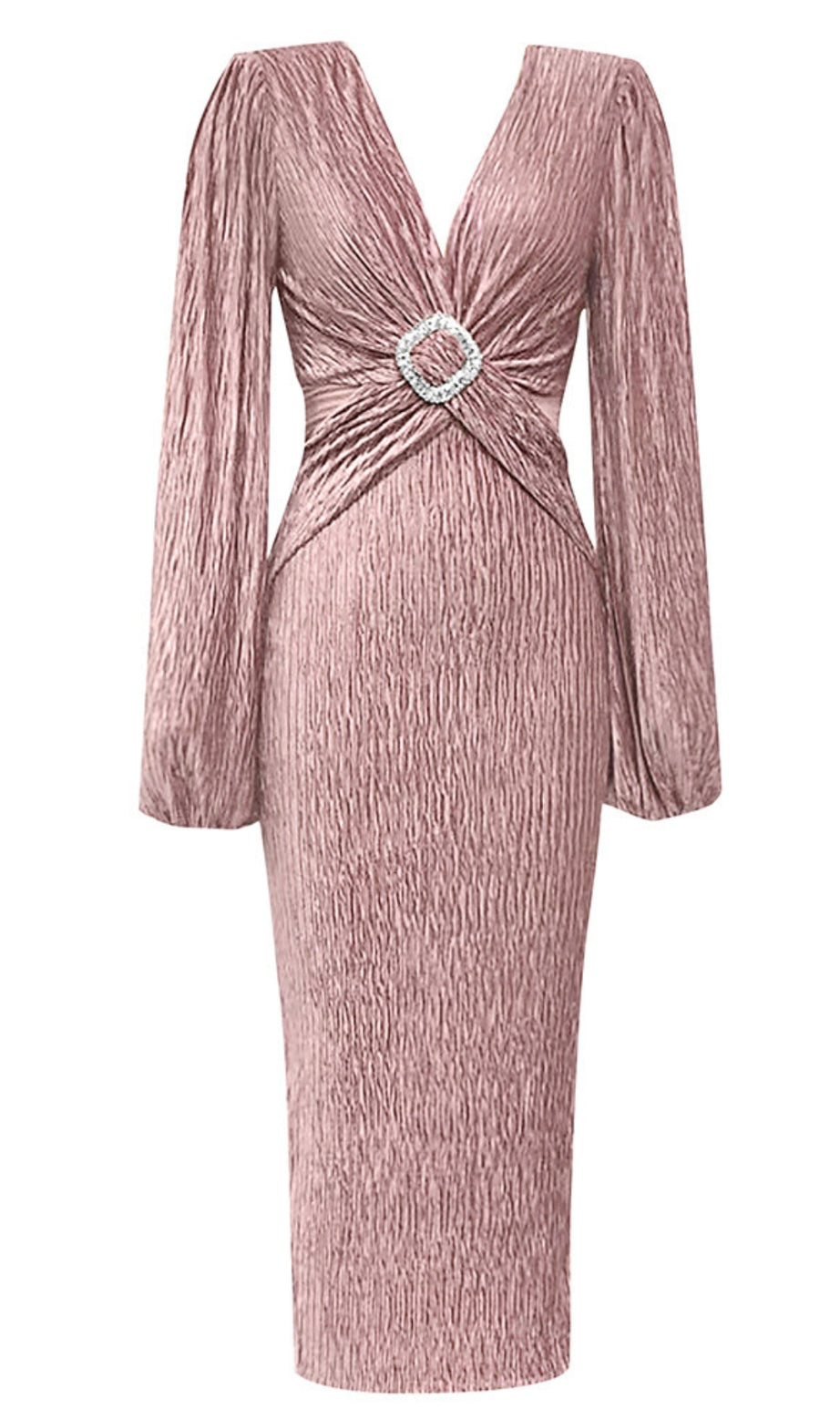 Abito midi con cintura e scollo a V testurizzato, strass, rosa