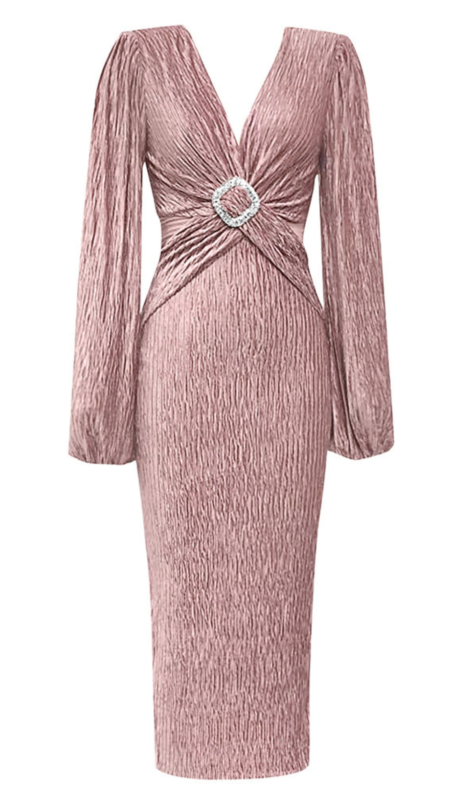 TEXTURED V - NECK RHINESTONE - BELTED MIDI DRESS IN PINK
