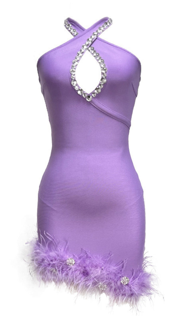 AIIZIE HALTER NECK RHINESTONE CUTOUT FEATHER TRIM MINI DRESS IN LAVENDER - product image