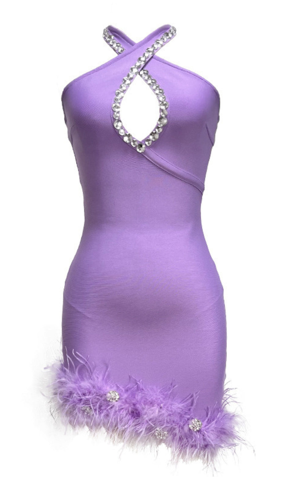 Halter Neck Rhinestone Cutout Feather Trim Mini Dress in Lavender