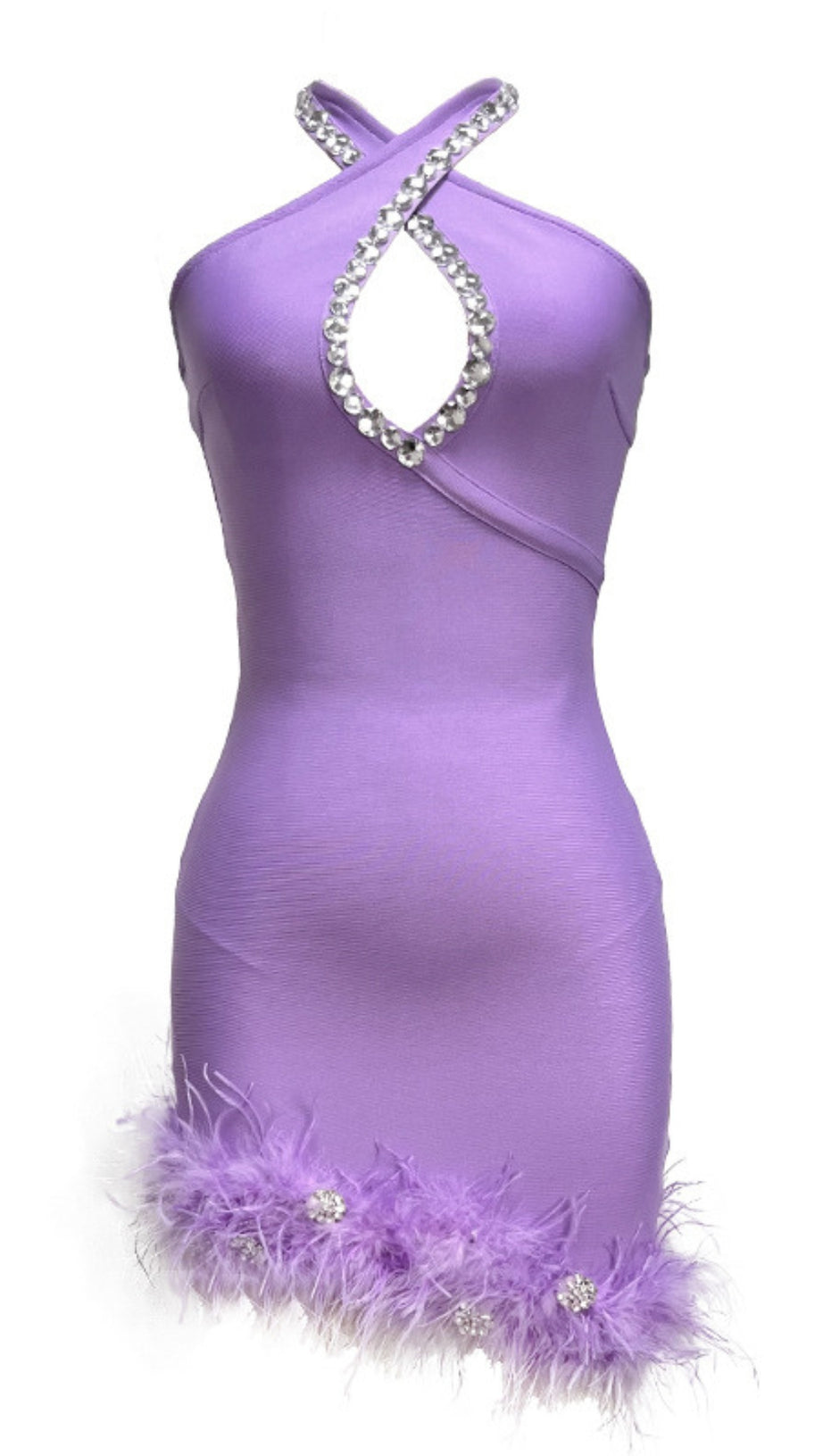 HALTER NECK RHINESTONE CUTOUT FEATHER TRIM MINI DRESS IN LAVENDER