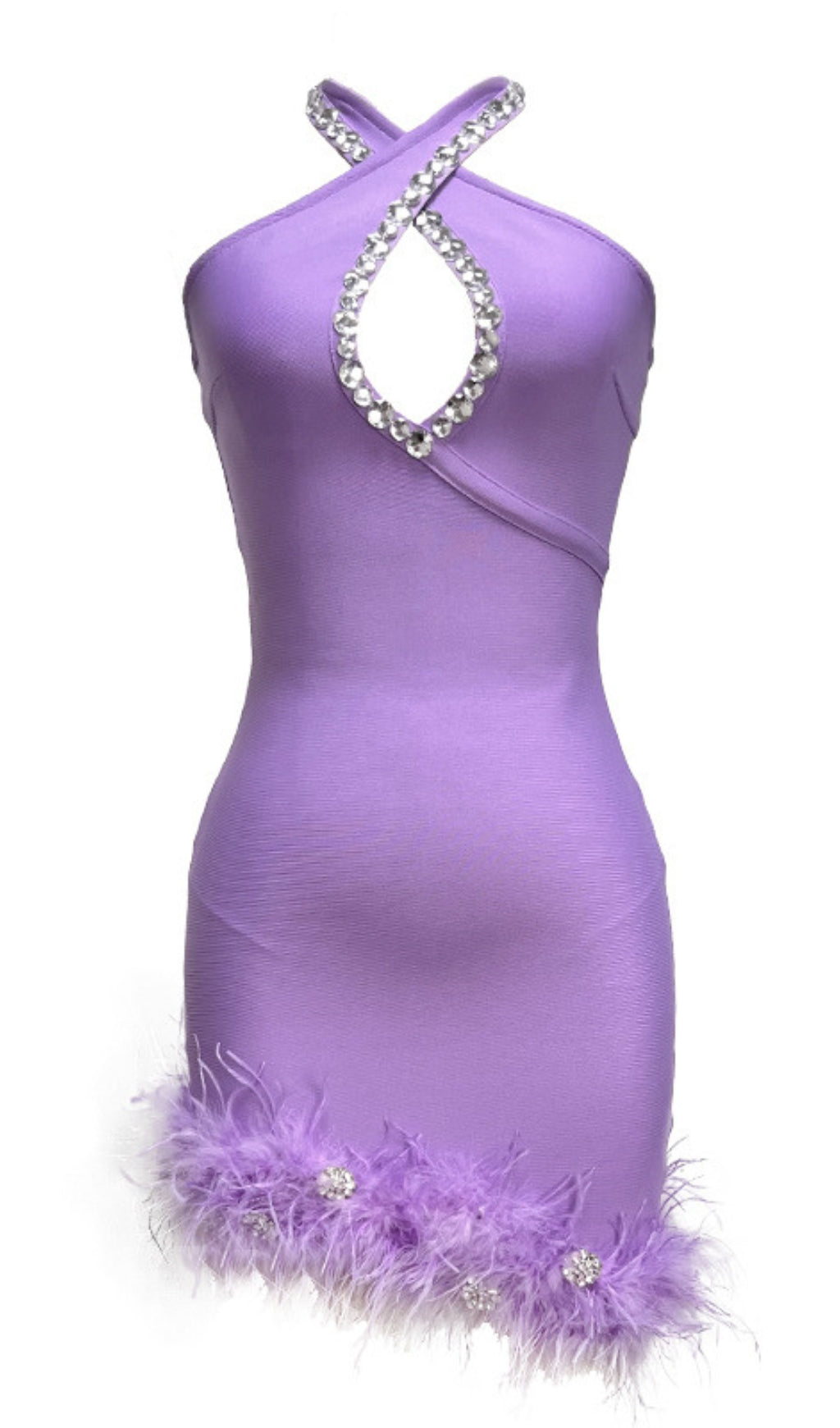 HALTER NECK RHINESTONE CUTOUT FEATHER TRIM MINI DRESS IN LAVENDER