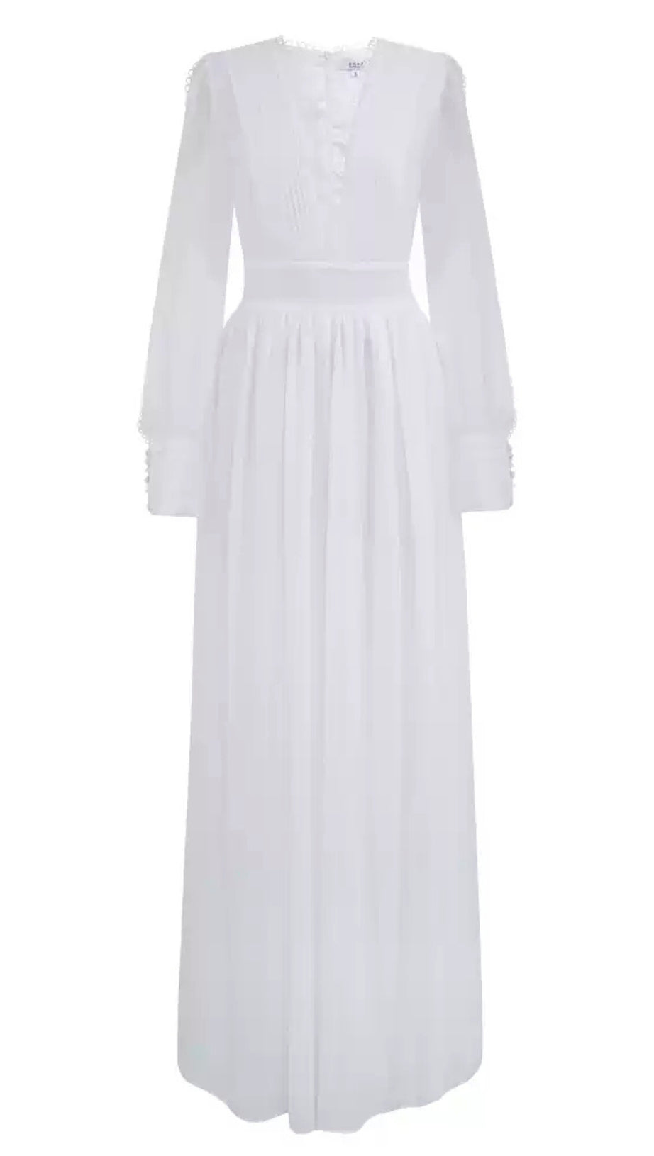 WHITE MAXI JUMPSUIT WITH LONG SHEER SLEEVES AND HIGH NECK