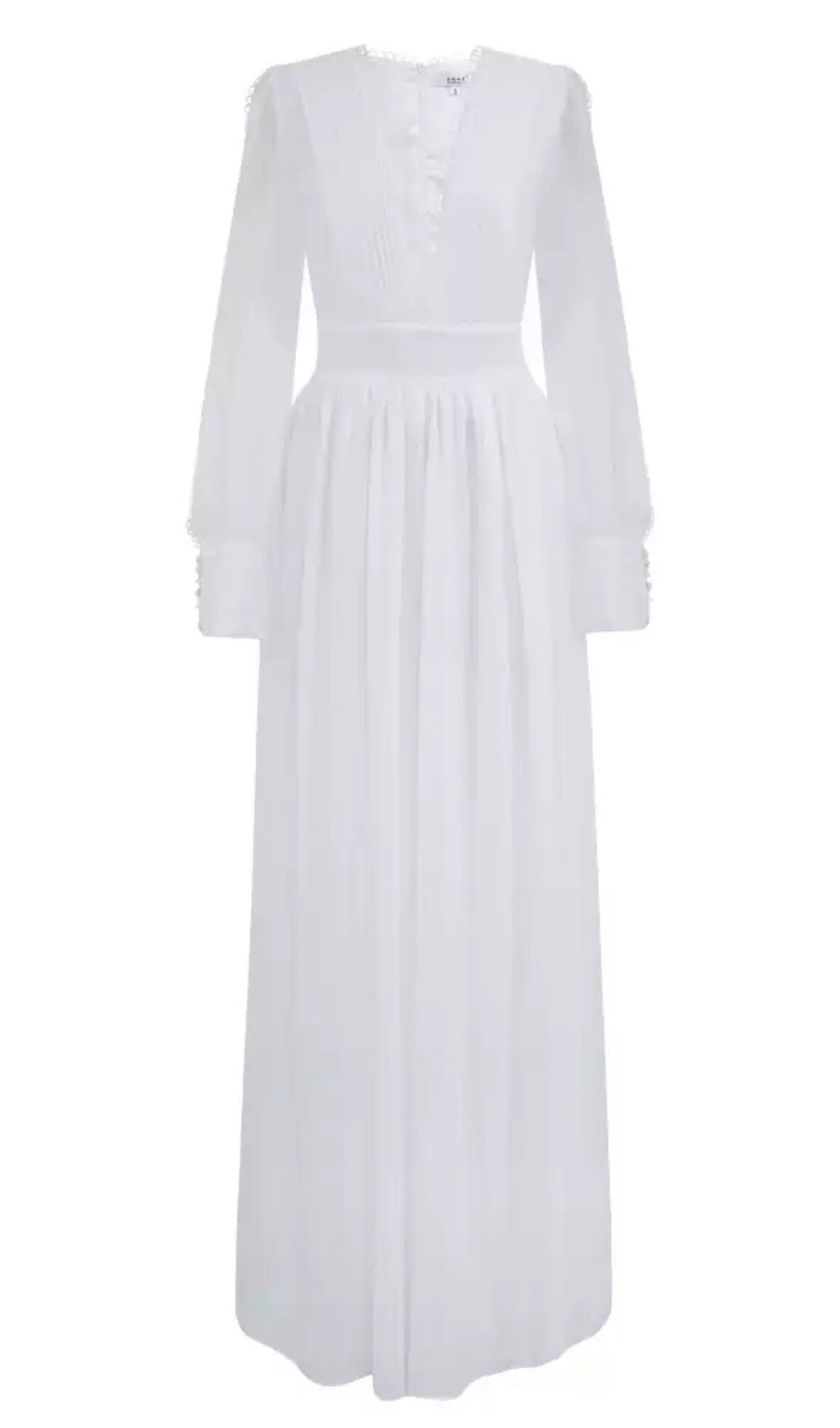 WHITE MAXI JUMPSUIT WITH LONG SHEER SLEEVES AND HIGH NECK