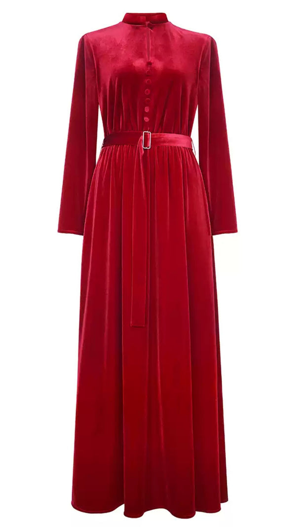 AIIZIE RED VELVET MOCK NECK MAXI DRESS WITH BELT - product image