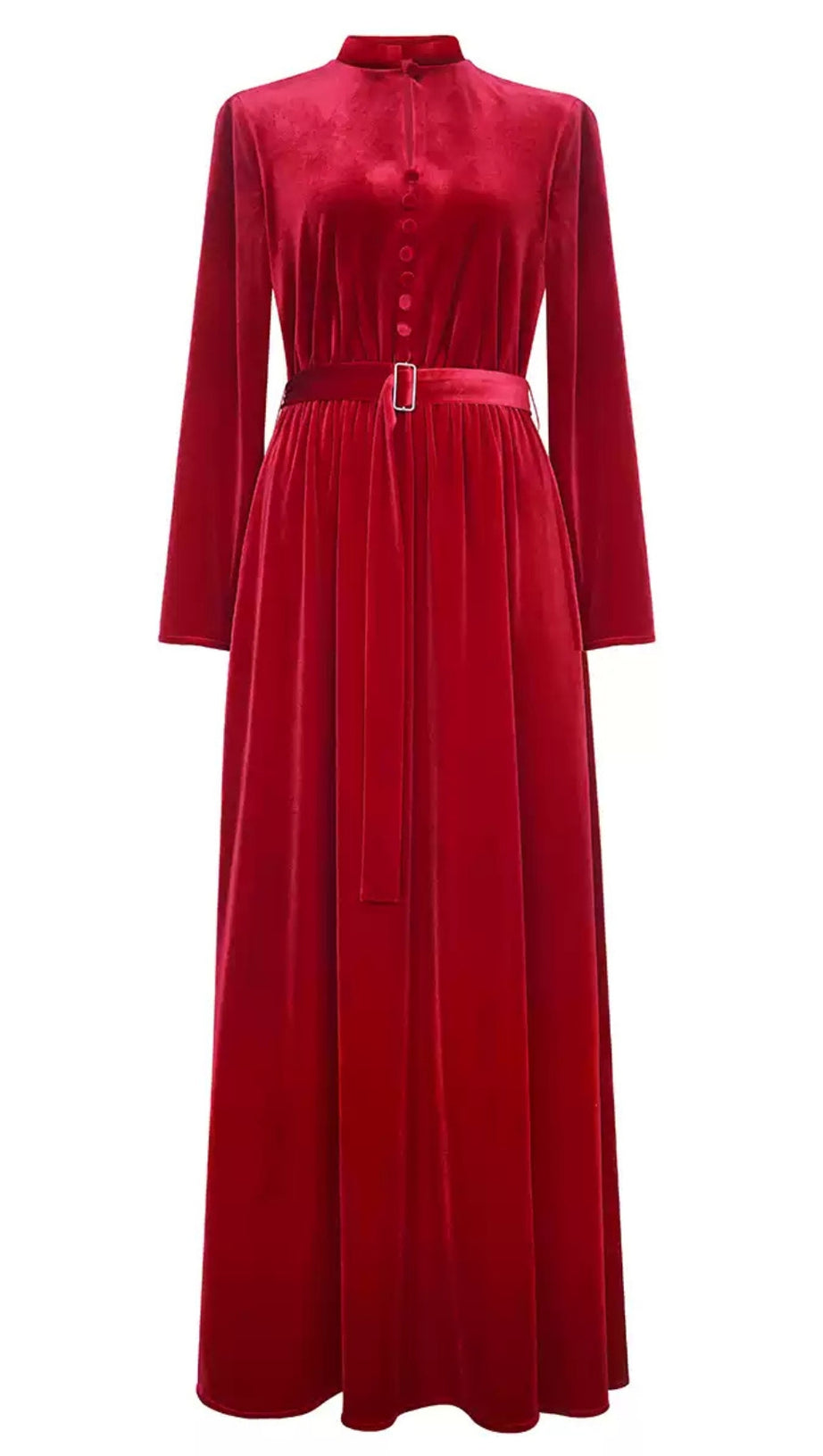 RED VELVET MOCK NECK MAXI DRESS WITH BELT