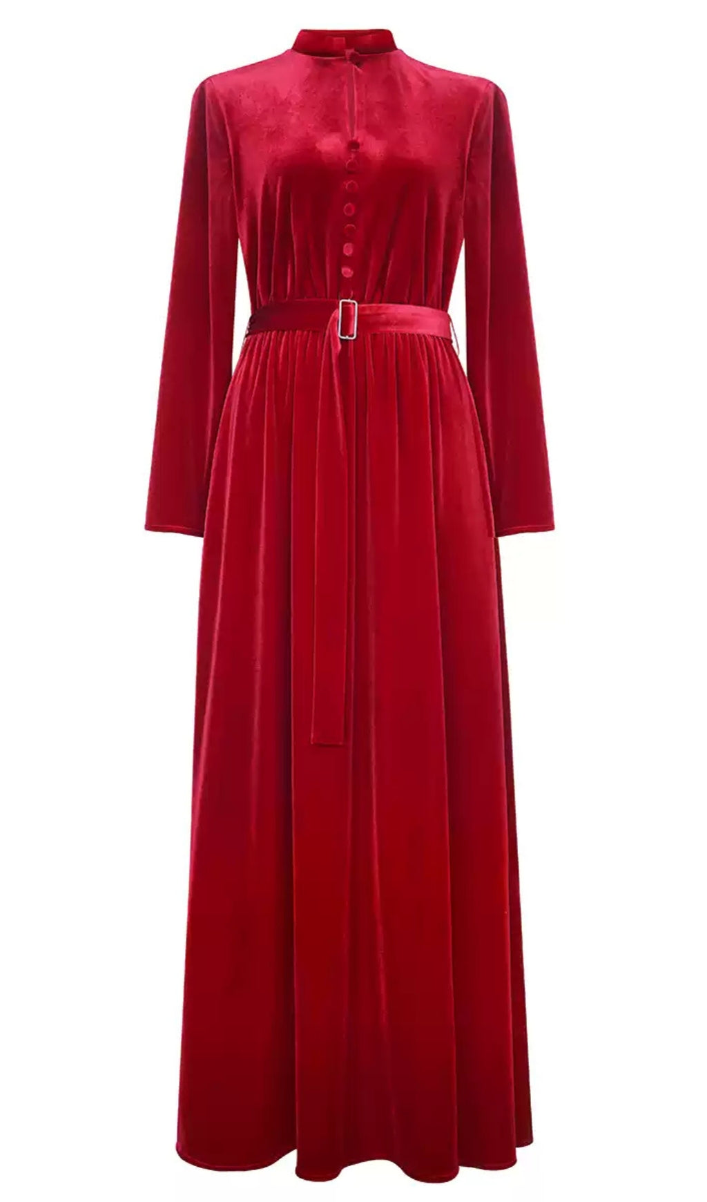 RED VELVET MOCK NECK MAXI DRESS WITH BELT