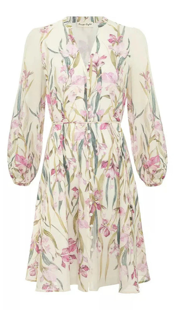 AIIZIE FLORAL PRINT BLOUSON SLEEVE MINI DRESS IN IVORY - product image
