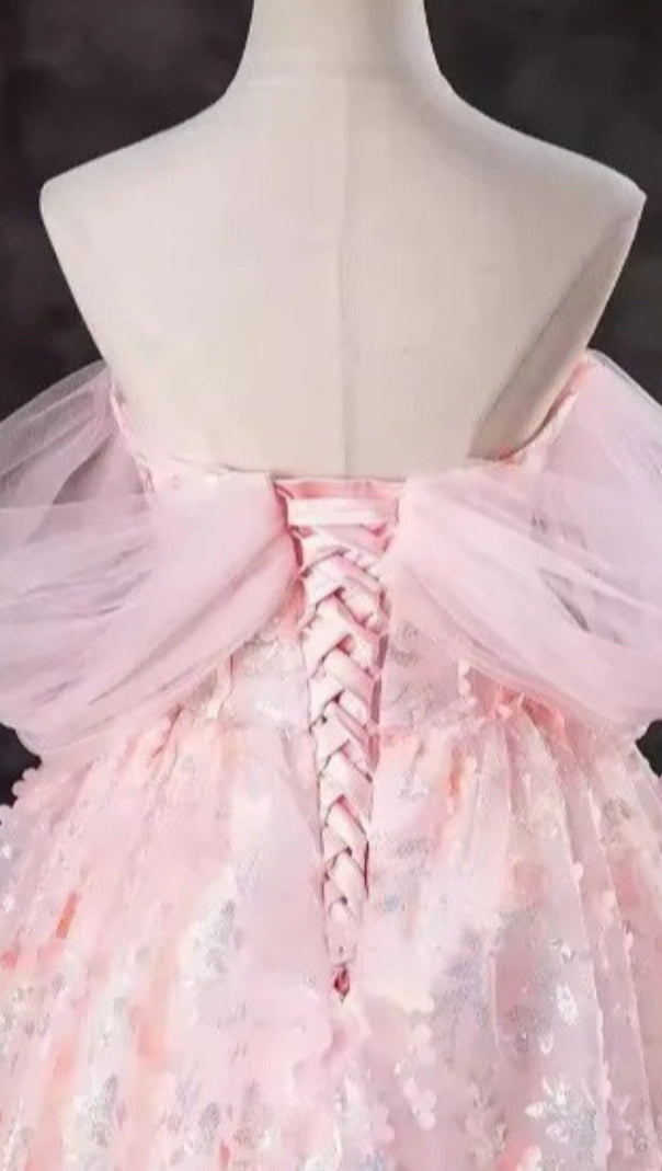 AIIZIE PINK OFF SHOULDER 3D FLOWER TULLE BALL GOWN PRINCESS MAXI DRESS - product image