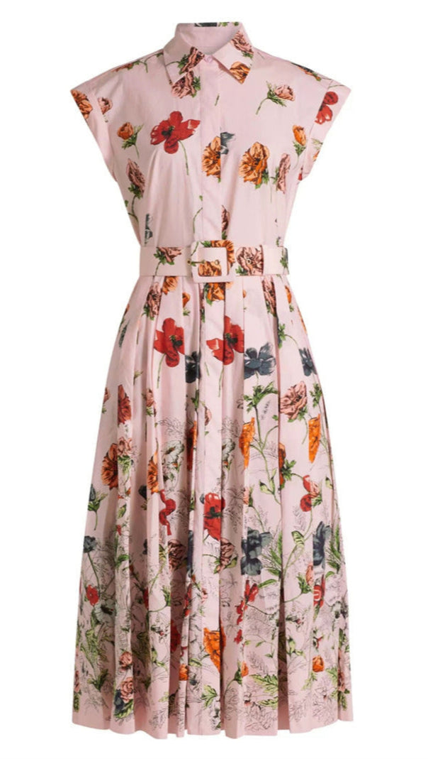 AIIZIE BELTED PLEATED FLORAL-PRINT COTTON-POPLIN MIDI SHIRT DRESS - PINK - product image