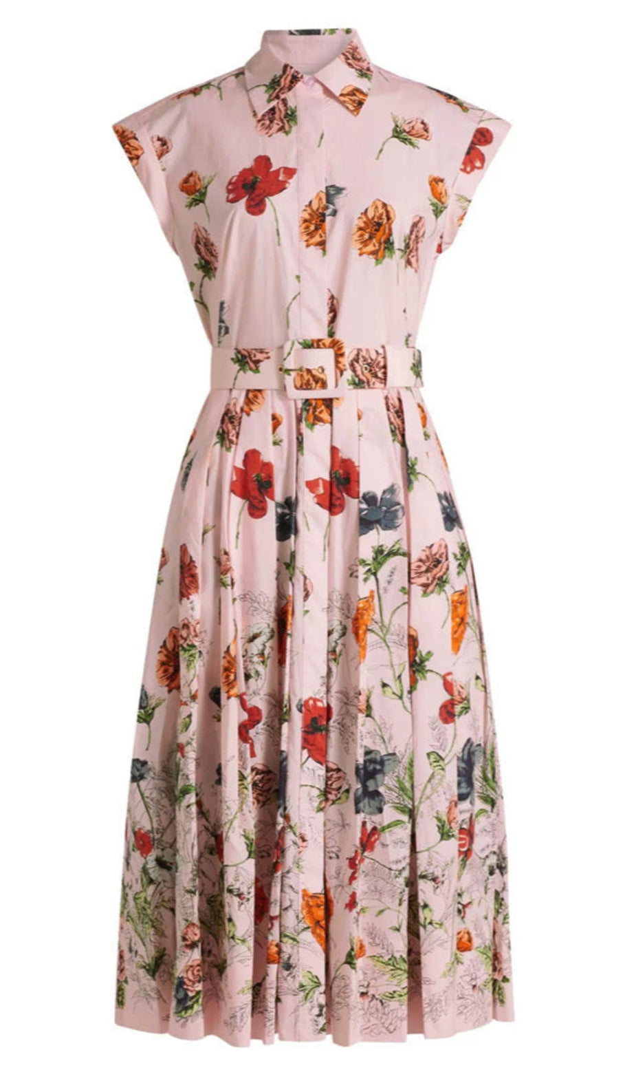 belted pleated floral-print cotton-poplin midi shirt dress - pink
