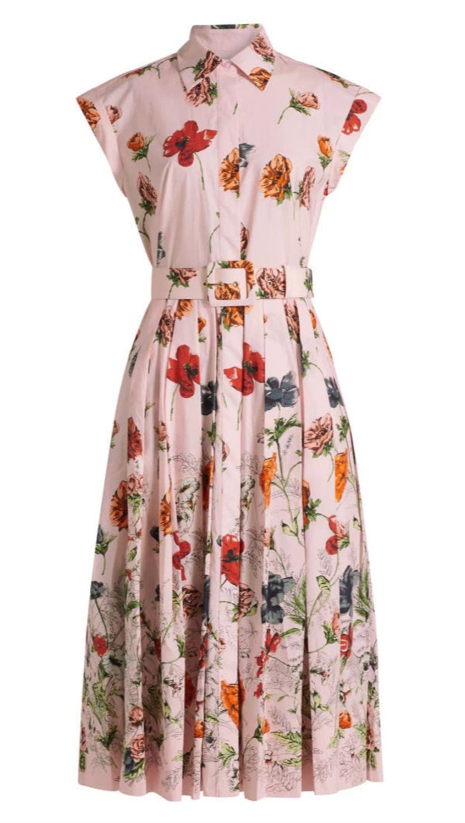 BELTED PLEATED FLORAL-PRINT COTTON-POPLIN MIDI SHIRT DRESS - PINK