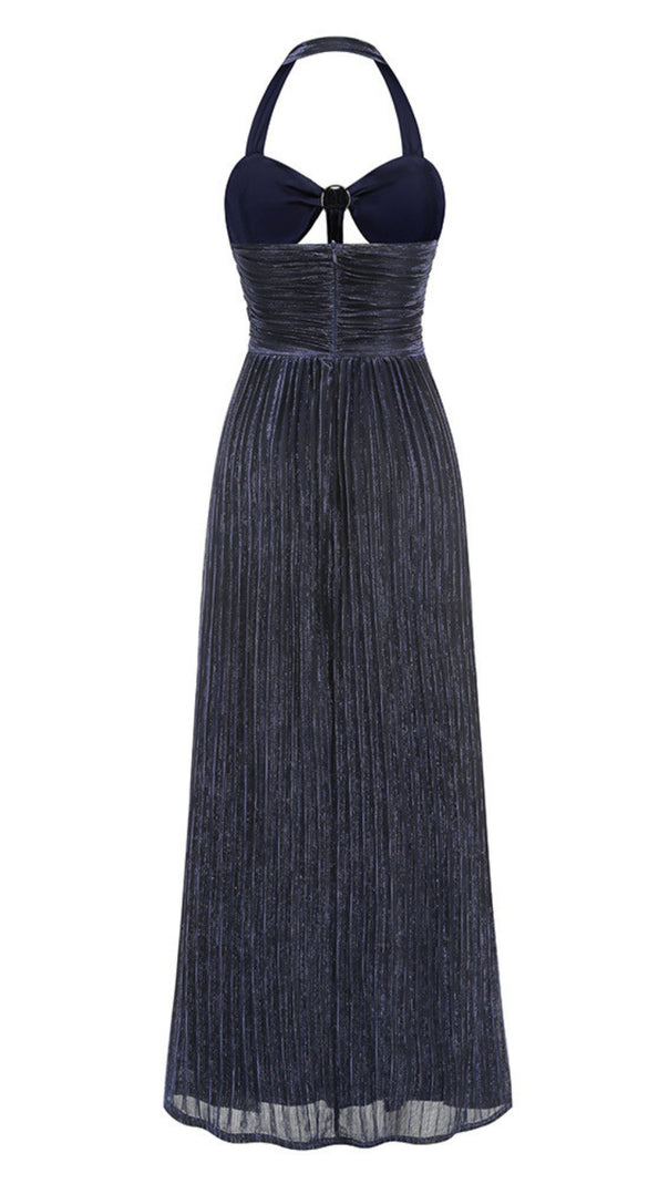 AIIZIE ELEGANT NAVY HALTER PLEATED MAXI DRESS CUTOUT WAIST GOWN - product image