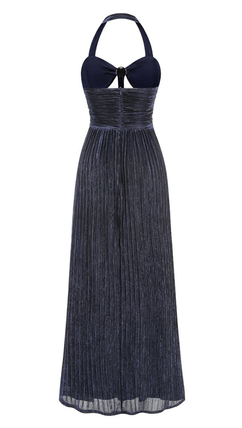 ELEGANT NAVY HALTER PLEATED MAXI DRESS CUTOUT WAIST GOWN